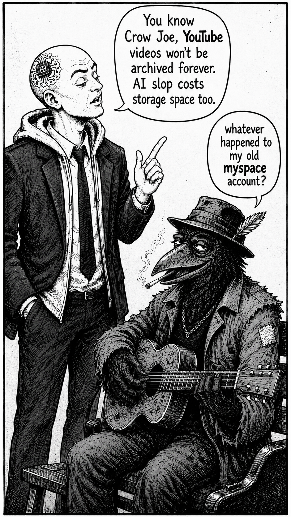Crow Joe in the Age of AI comic - The Transhumanist, technocrat with visible brainchip and business suit over hoodie, wags a finger while saying "You know Crow Joe, Youtube videos won't be archived forever. AI slop costs storage space too." Crow Joe the blues playing crow is just amused and knowingly says "whatever happened to my old myspace account?" Myspace data was lost in 2019. The title of this strip is the impermanence of Youtube.  Content stored on the commercial cloud is not a guaranteed public archive.  The ease and proliferation of ai generated content may put strain on the retention of human made content.